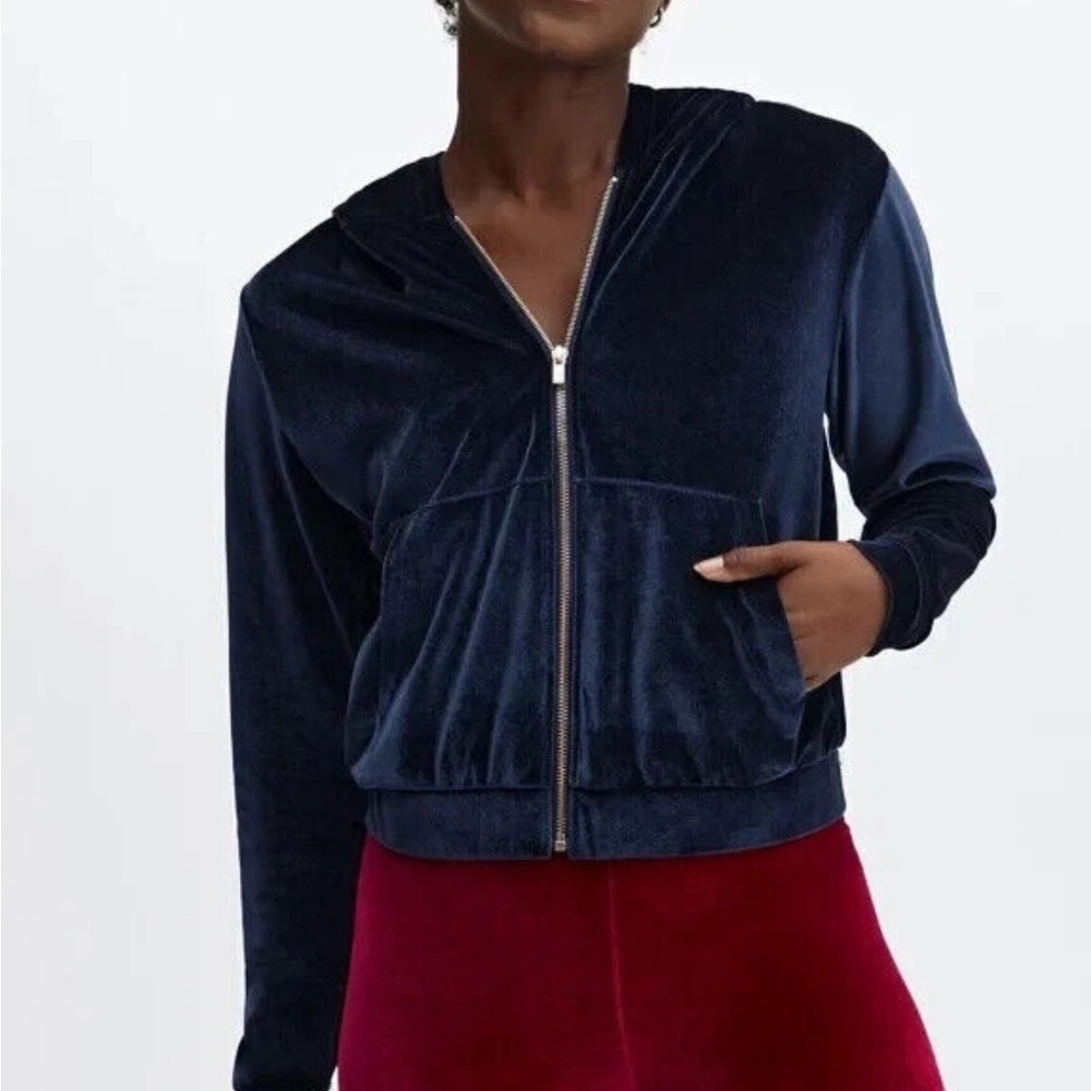 Fabletics Navy Blue Velvet Velour Zip Up Hoodie Gold Zipper Small Womens